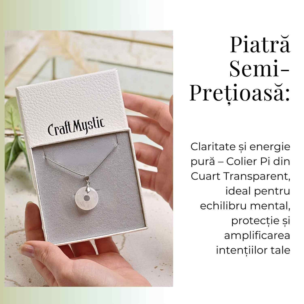 Colier Argintiu Cuart Transparent Forma Pi - Claritate si Energie Pura, Lungime Totala 50 cm, Diametru Pandantiv 20 mm