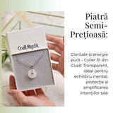 Colier Argintiu Cuart Transparent Forma Pi - Claritate si Energie Pura, Lungime Totala 50 cm, Diametru Pandantiv 20 mm
