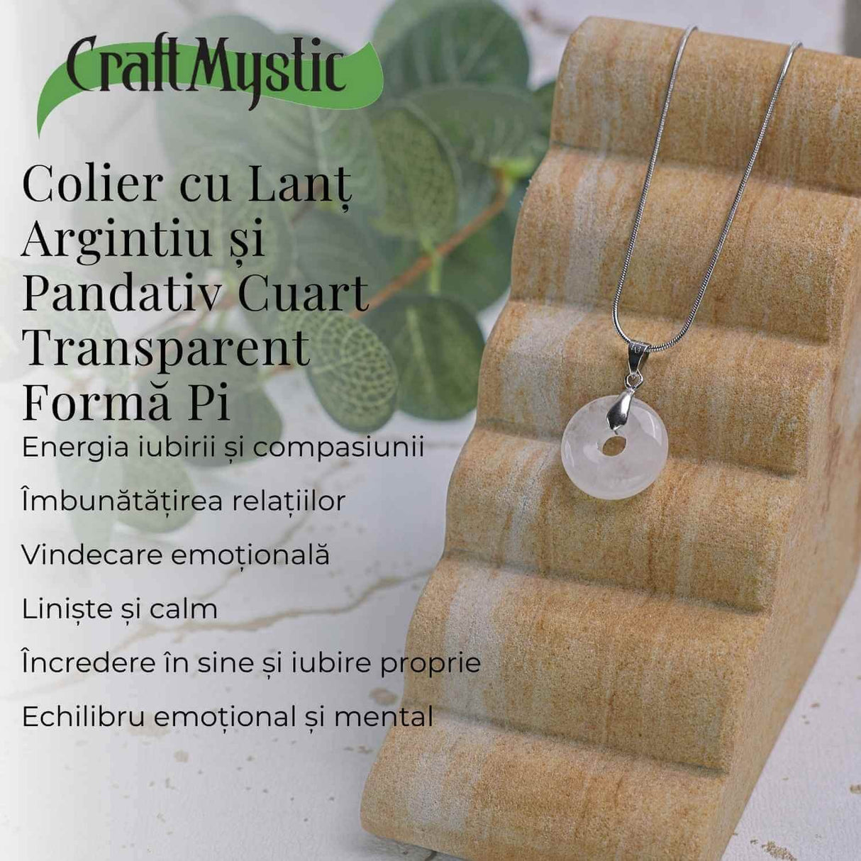 Colier Argintiu Cuart Transparent Forma Pi - Claritate si Energie Pura, Lungime Totala 50 cm, Diametru Pandantiv 20 mm
