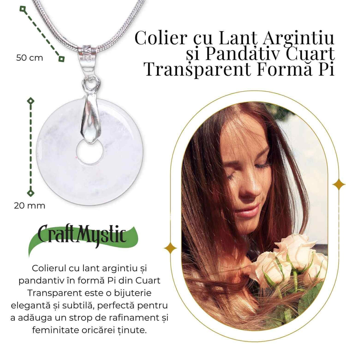 Colier Argintiu Cuart Transparent Forma Pi - Claritate si Energie Pura, Lungime Totala 50 cm, Diametru Pandantiv 20 mm