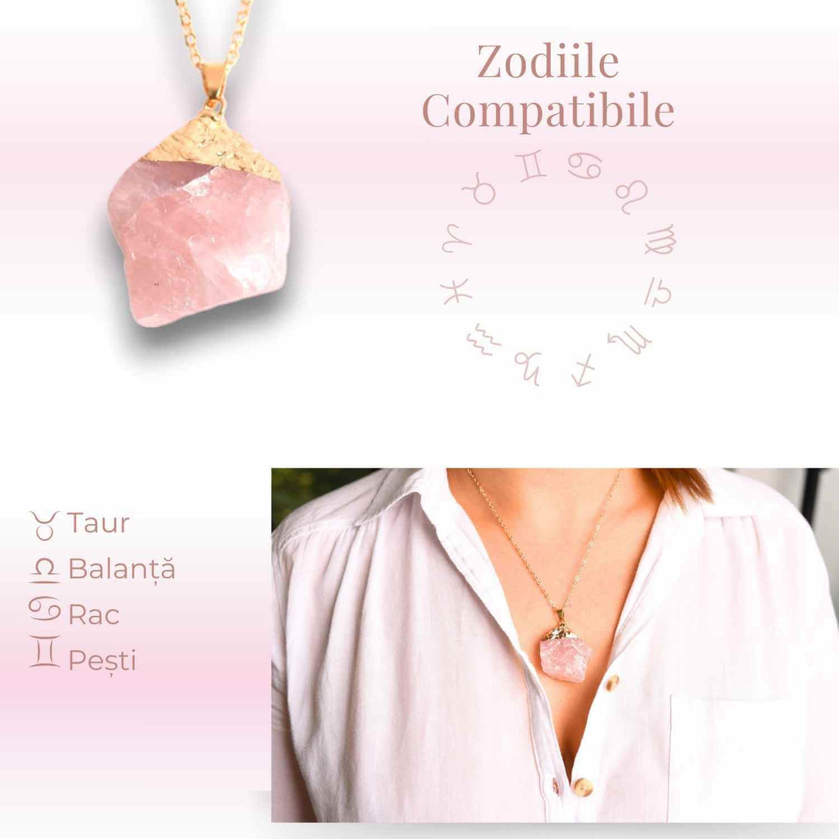 Colier auriu ajustabil cu pandantiv din Cuart Roz brut – Vindecare și Iubire