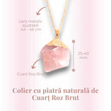Colier auriu ajustabil cu pandantiv din Cuart Roz brut – Vindecare și Iubire