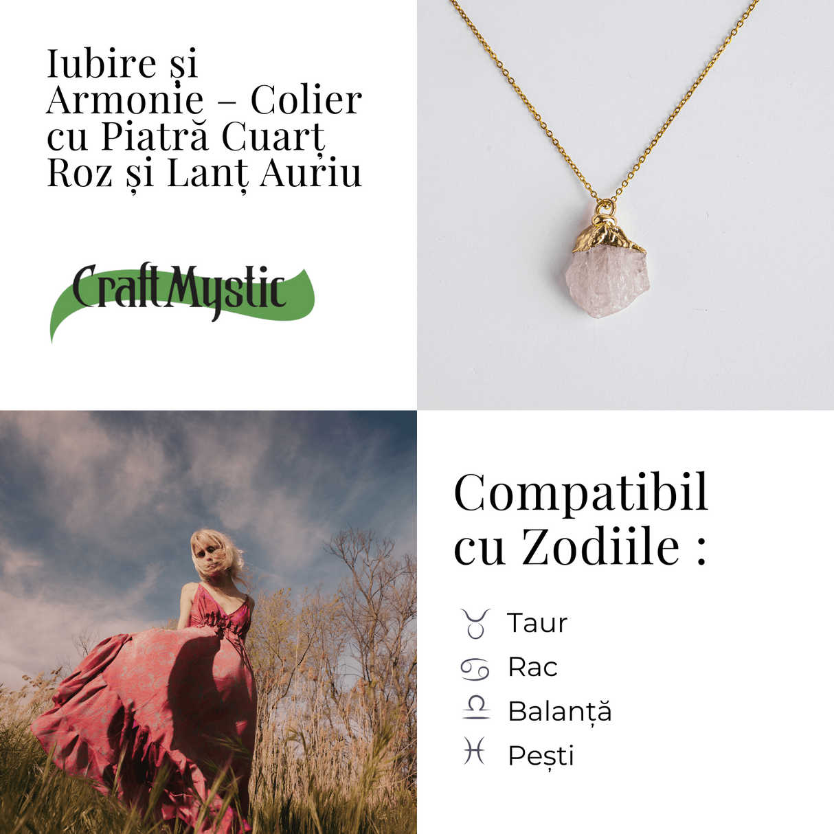 Iubire si Armonie – Colier cu Piatra Cuart Roz si Lant Auriu