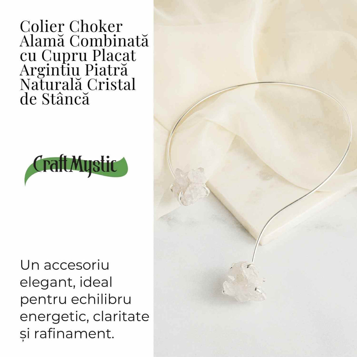 Colier Choker Argintiu cu Cristal de Stanca – Echilibru si Claritate Energetica