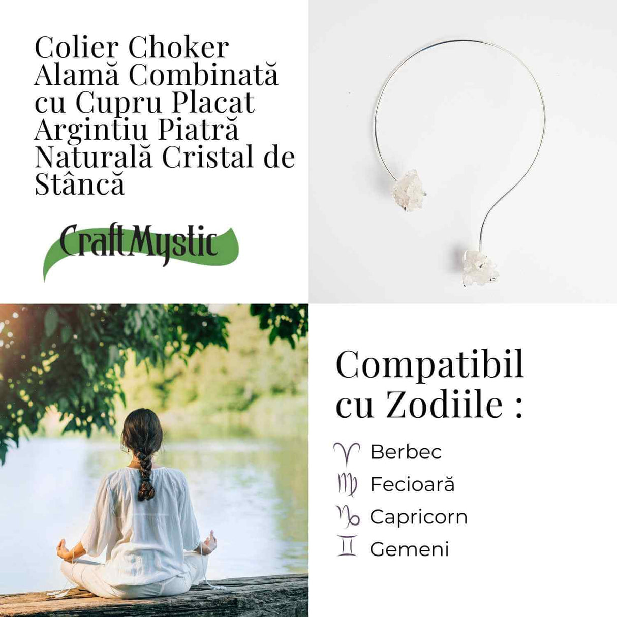 Colier Choker Argintiu cu Cristal de Stanca – Echilibru si Claritate Energetica