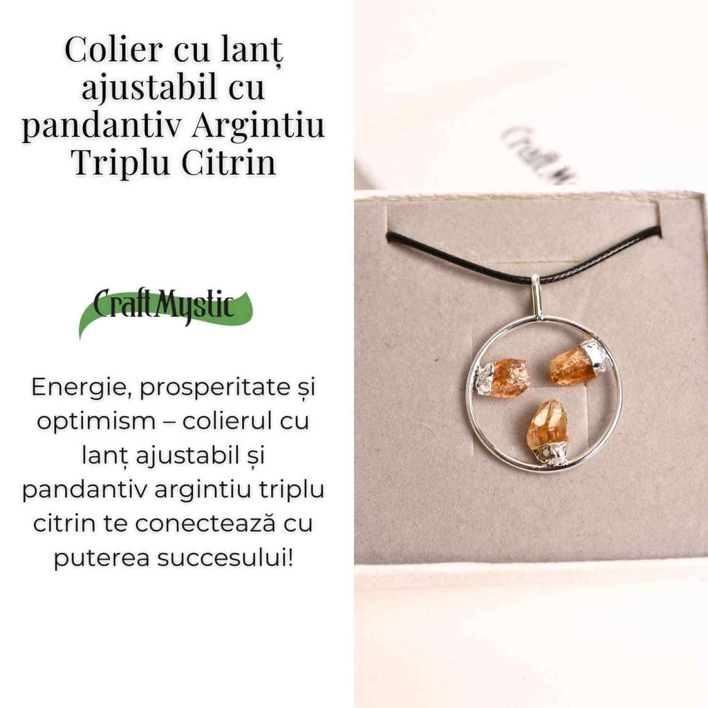Colier cu pandantiv rotund si 3 pietre de Citrin – Abundenta si Energie Pozitiva