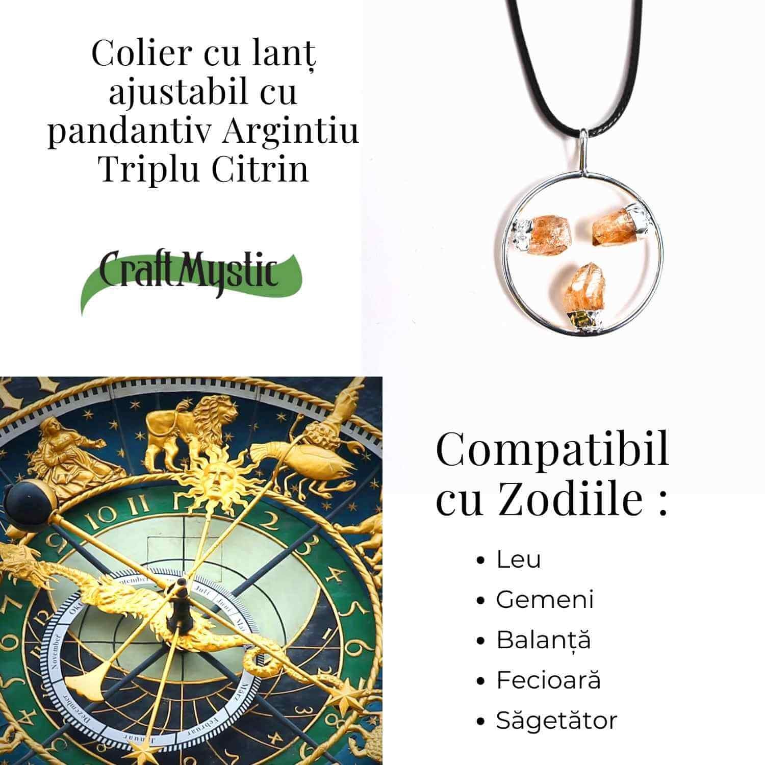 Colier cu pandantiv rotund si 3 pietre de Citrin – Abundenta si Energie Pozitiva
