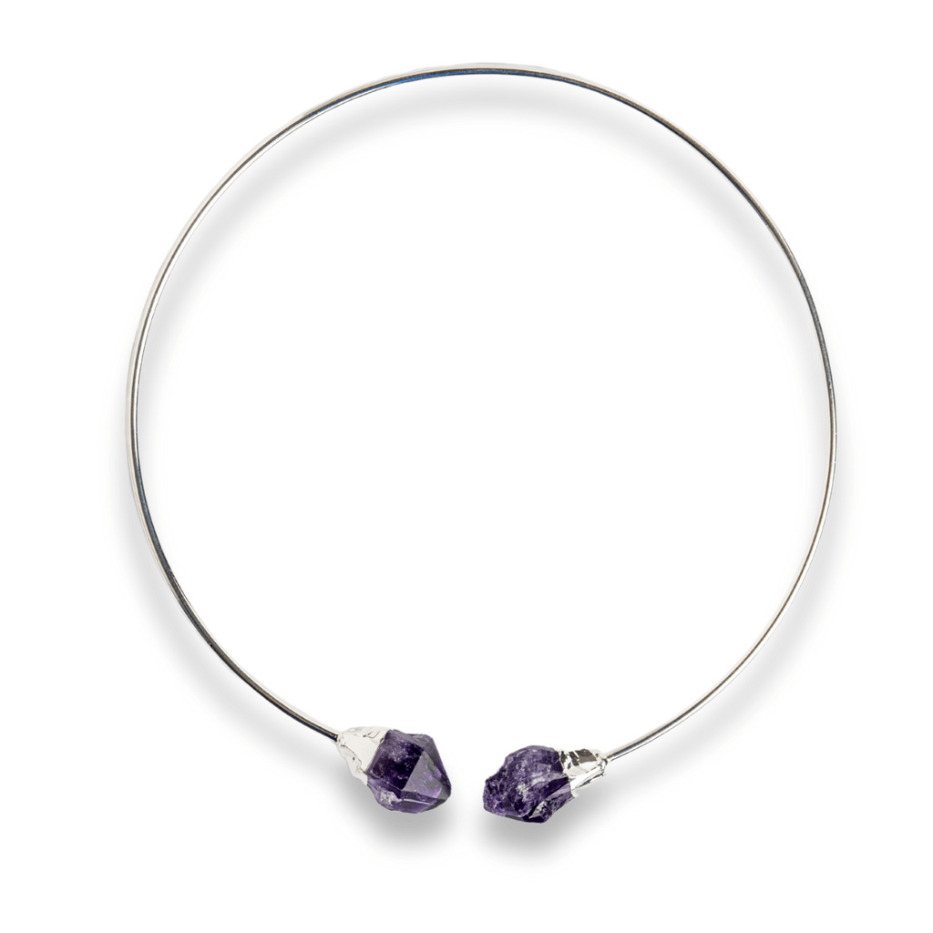 Colier Choker Argintiu cu Piatra Ametist Bruta