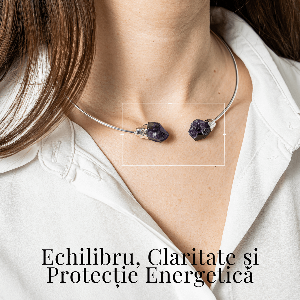 Colier Choker Argintiu cu Piatra Ametist Bruta