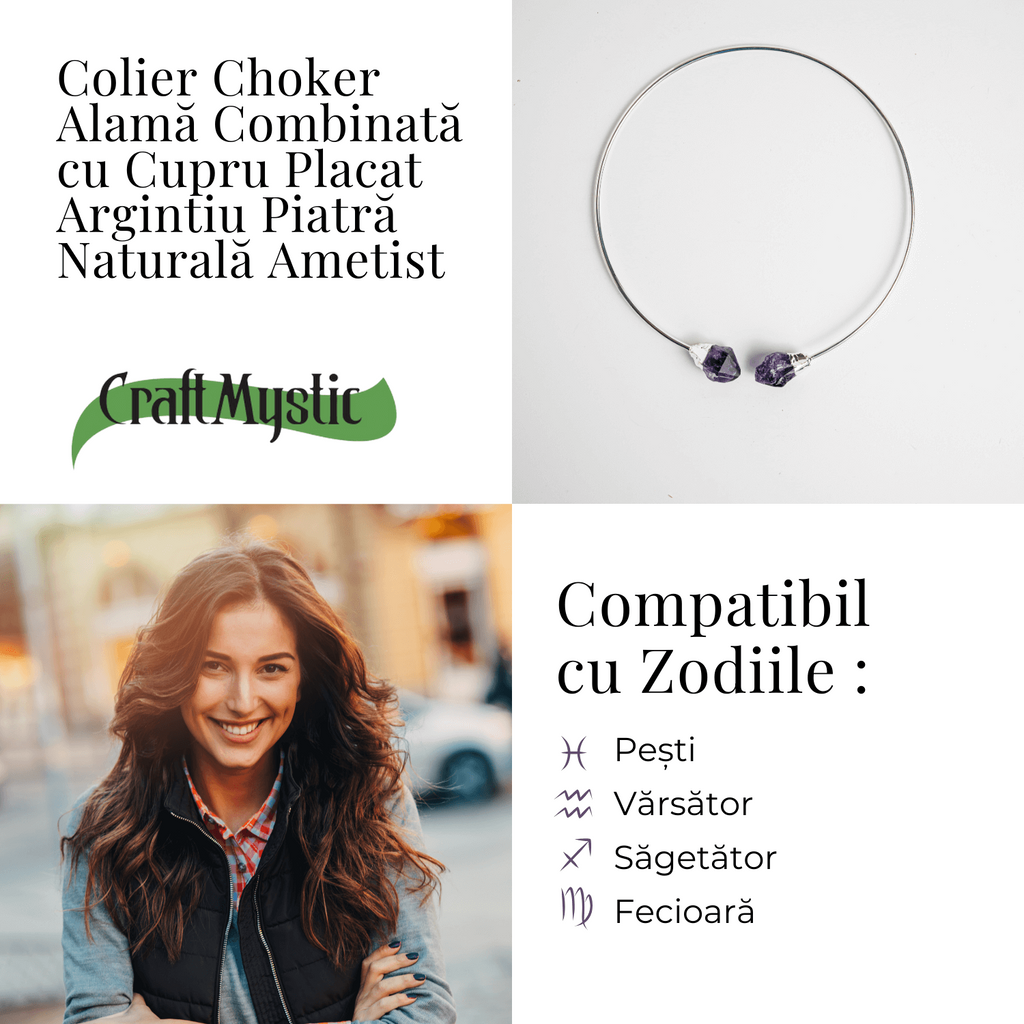 Colier Choker Argintiu cu Piatra Ametist Bruta