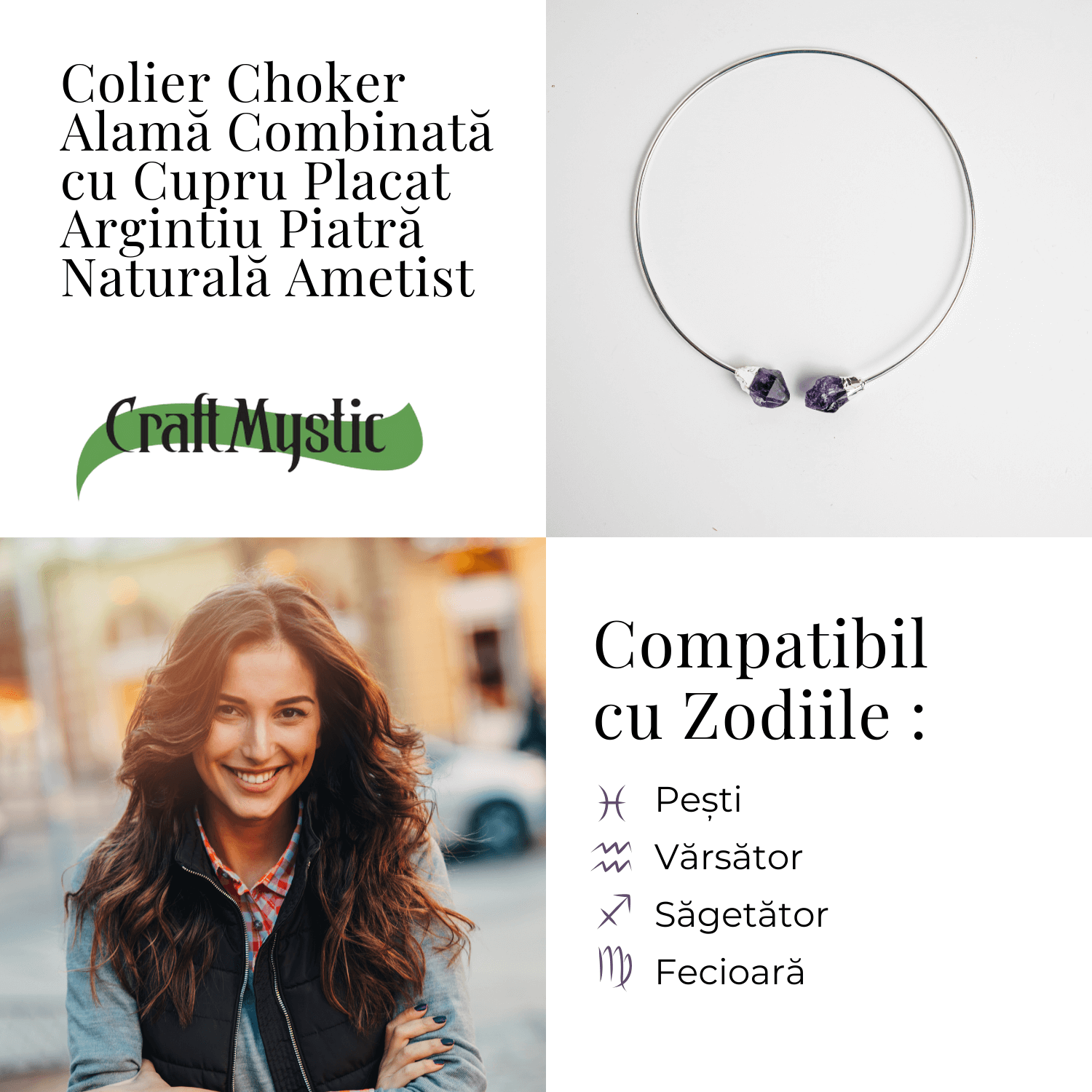 Colier Choker Argintiu cu Piatra Ametist Bruta