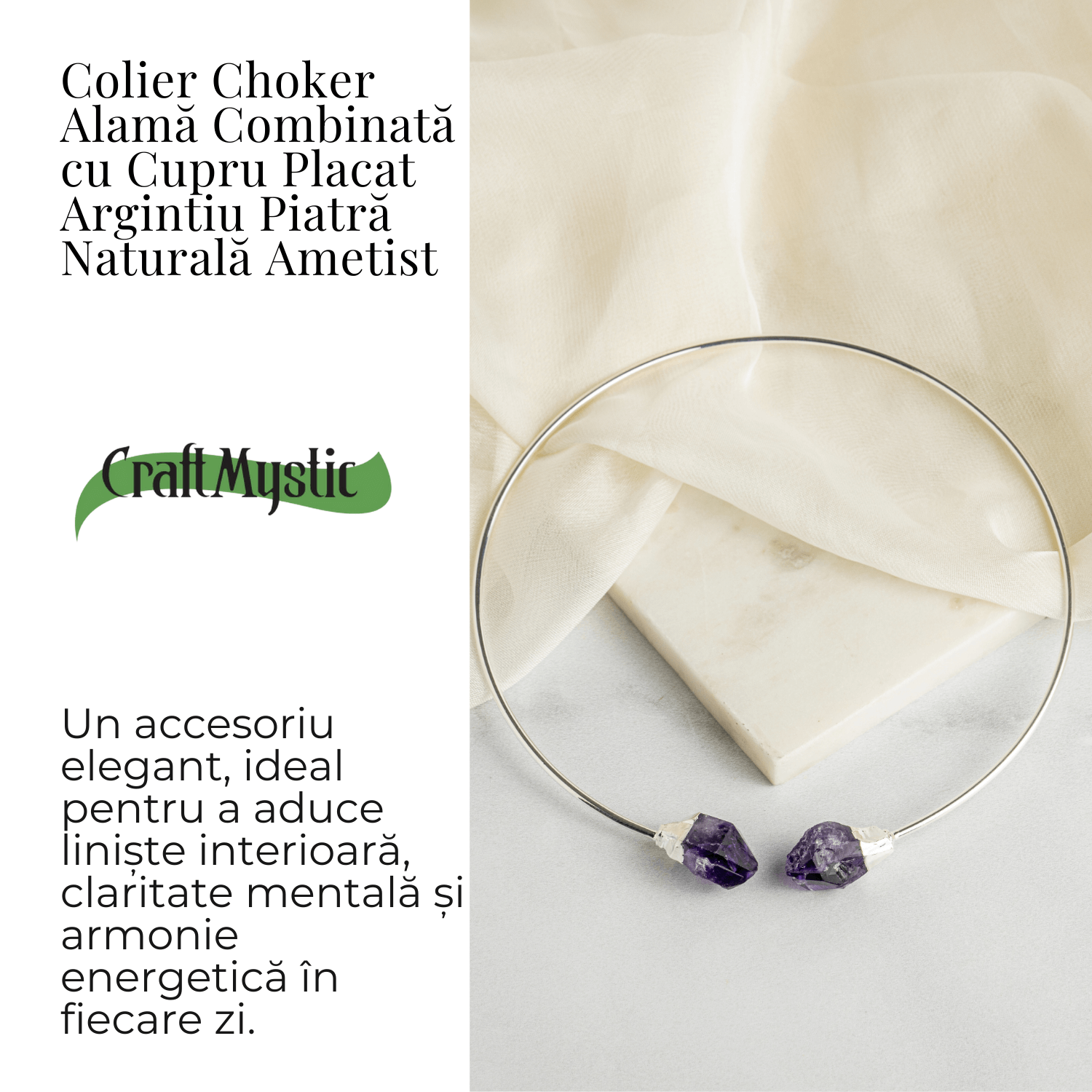 Colier Choker Argintiu cu Piatra Ametist Bruta