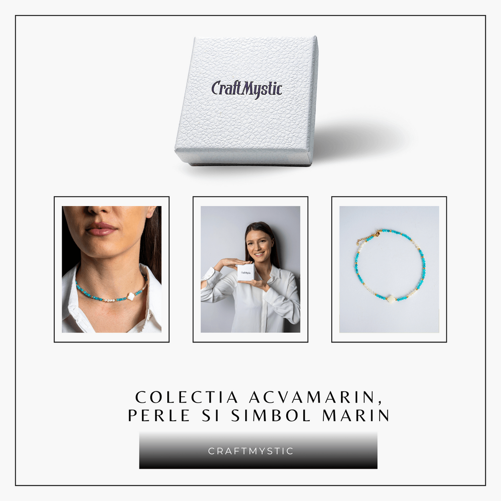 Colier tip choker cu pietre pentru pace interioara – Acvamarin, perle si simbol marin