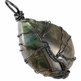 Colier cu pandantiv din labradorit natural pentru barbati si femei - Cristal neregulat lucrat manual, invelit cu sarma model arborele vietii - O piatra semipretioasa pentru meditatie, intuitie, imaginatie