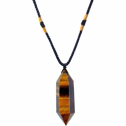 Colier cu cristal vindicator Ochi de Tigru, in forma hexagonala cu dublu varf – pentru protectie, vointa si noroc.