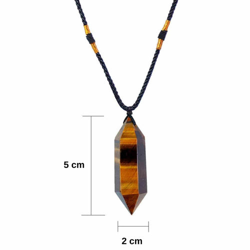 Colier cu cristal vindecator Ochi de Tigru, in forma hexagonala cu dublu varf – pentru protectie, vointa si noroc.