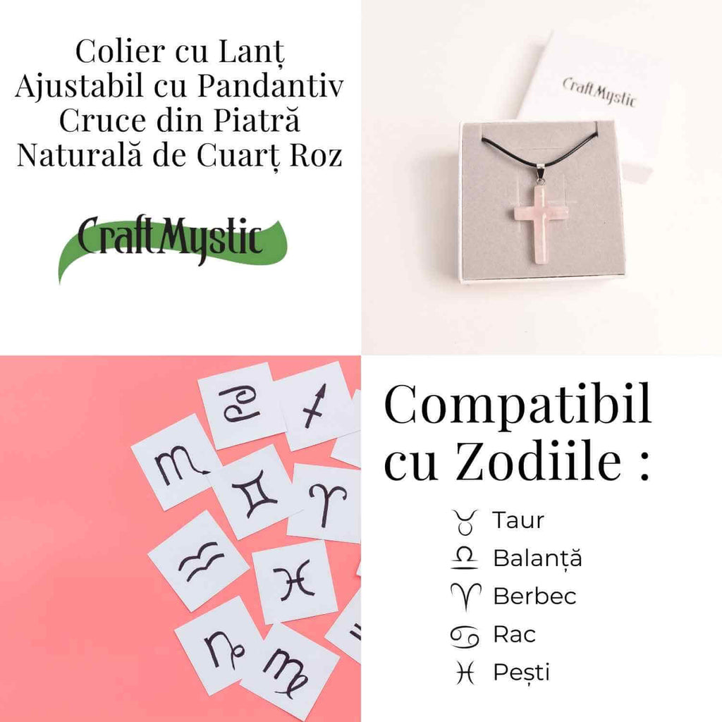 Colier cu Cuart Roz Natural in forma de cruce – Iubire si vindecare emotionala