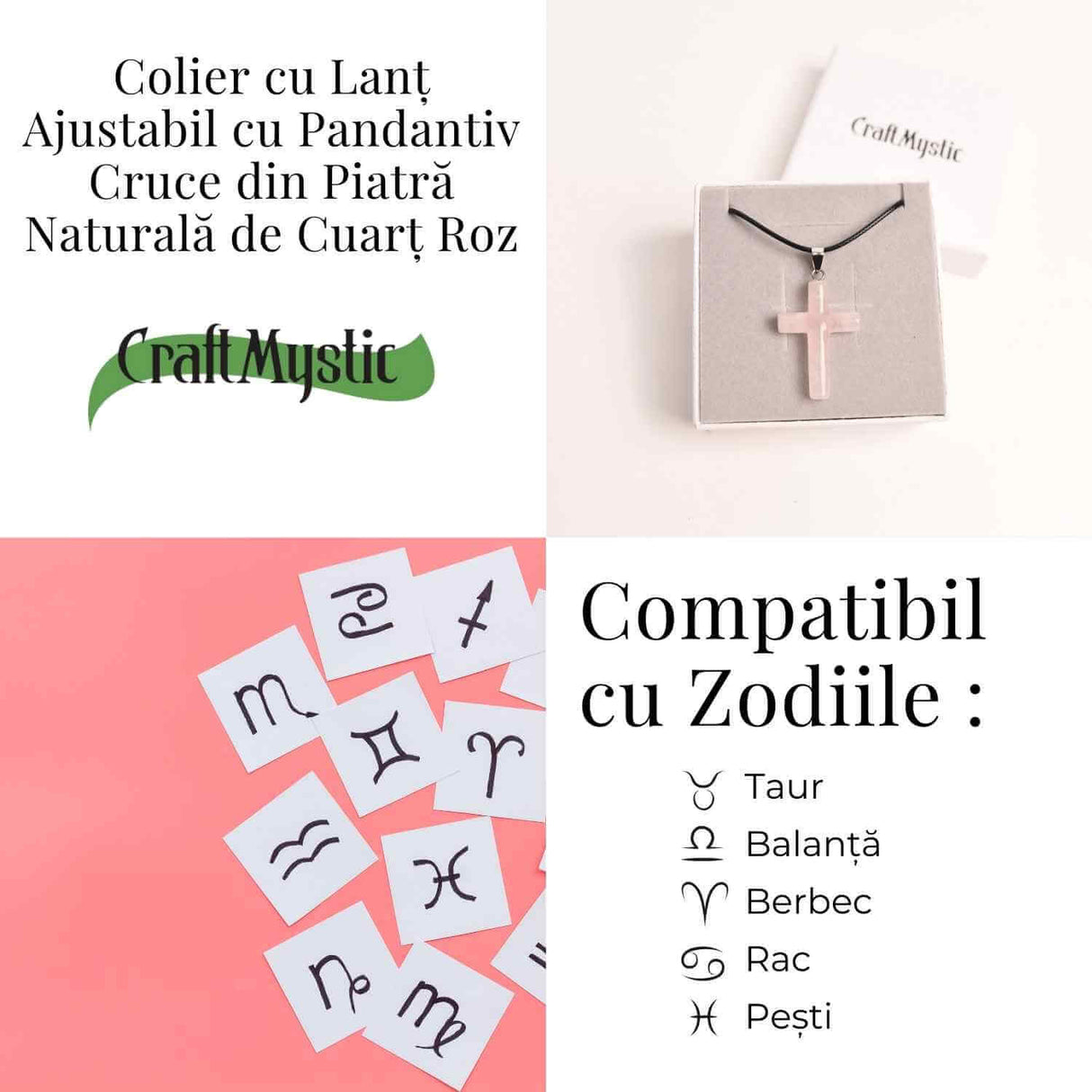 Colier cu Cuart Roz Natural in forma de cruce – Iubire si vindecare emotionala