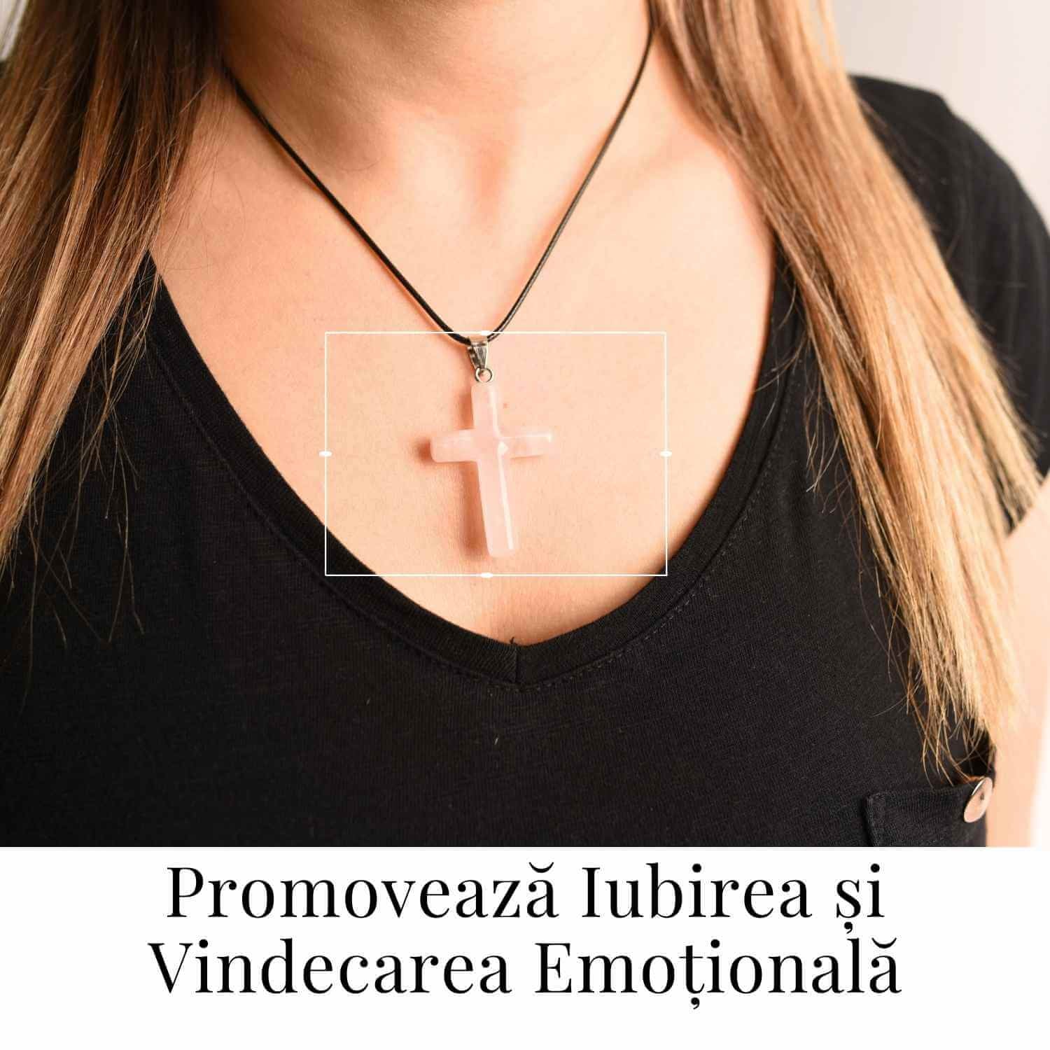 Colier cu Cuart Roz Natural in forma de cruce – Iubire si vindecare emotionala
