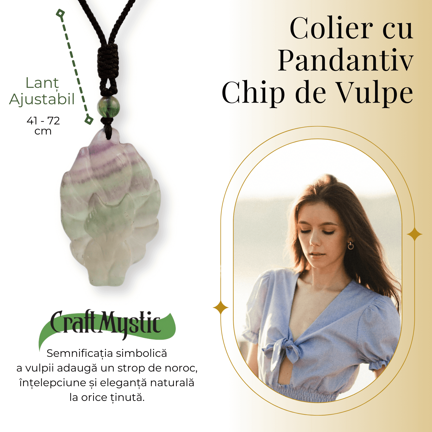 Colier cu pandantiv chip de vulpe din cristal vindecator Flourit verde