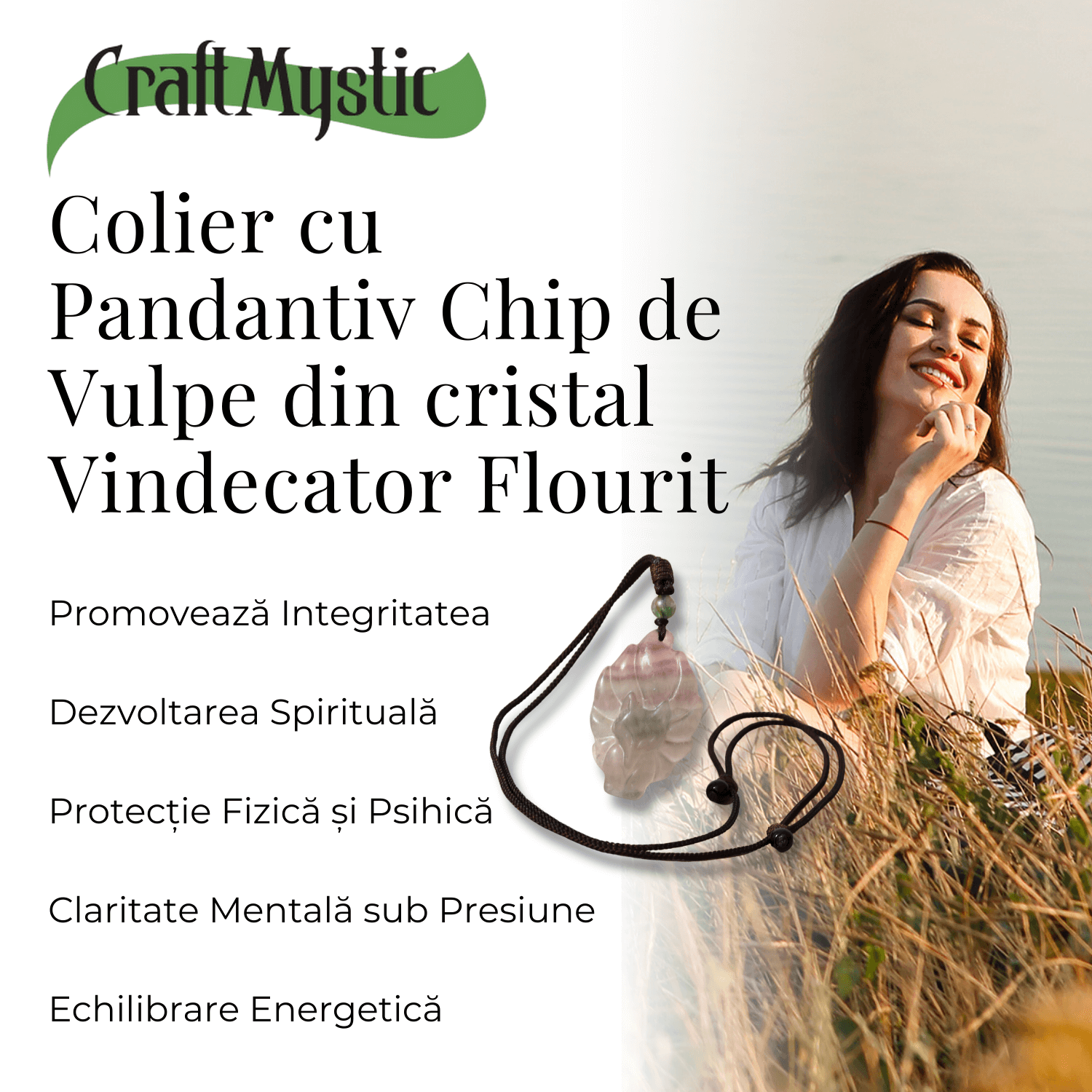 Colier cu pandantiv chip de vulpe din cristal vindecator Flourit verde