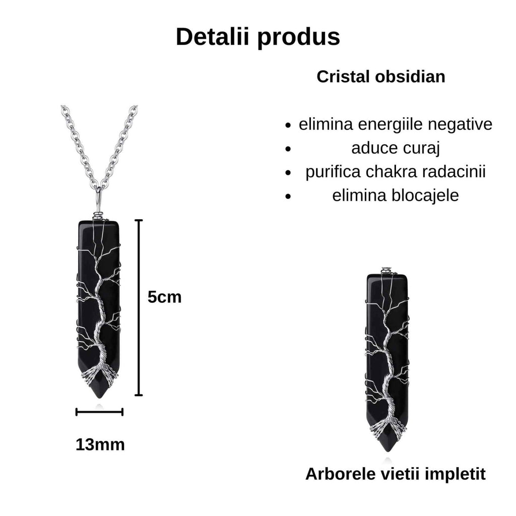 Colier cu pandantiv hexagonal din cristal obsidian - Realizat manual, infasurat intr-o sarma de cupru argintie, dandu-i o forma perfecta