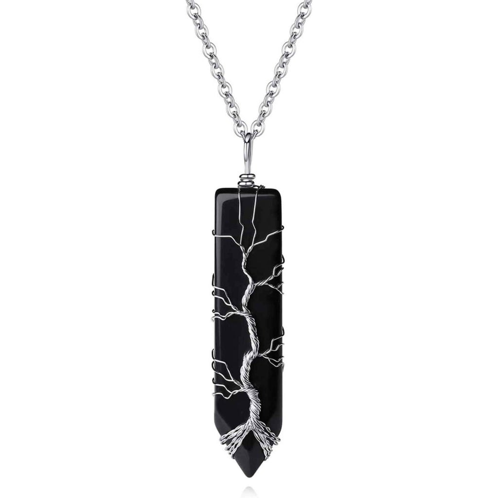 Colier cu pandantiv hexagonal din cristal obsidian - Realizat manual, infasurat intr-o sarma de cupru argintie, dandu-i o forma perfecta
