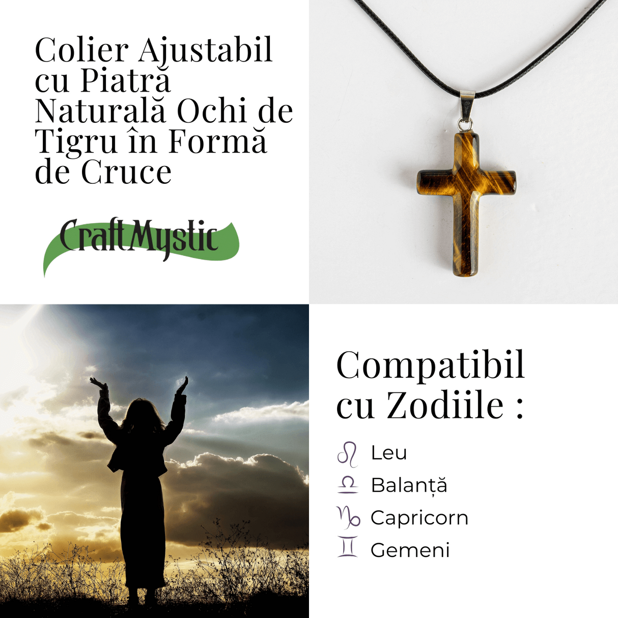 Colier cu Ochi de Tigru Natural in Forma de Cruce – Protectie si Echilibru Energetic