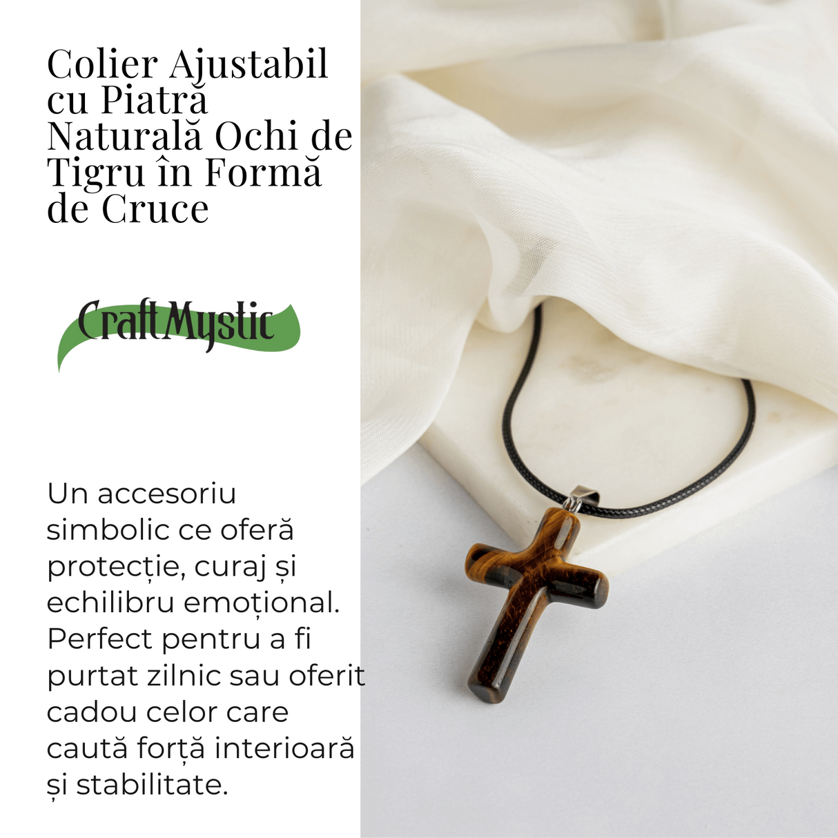 Colier cu Ochi de Tigru Natural in Forma de Cruce – Protectie si Echilibru Energetic
