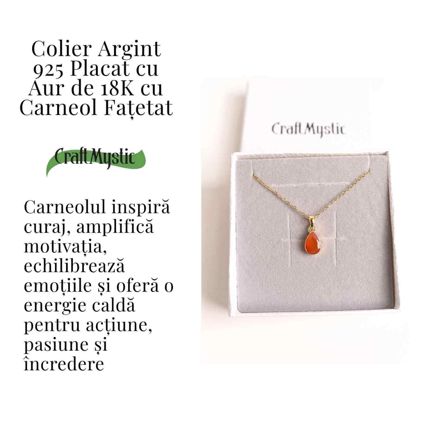 Colier cu lant inox cu Carneol Lacrima in montura Argint 925 Placat cu Aur 18K – Curaj si Energie Interioara