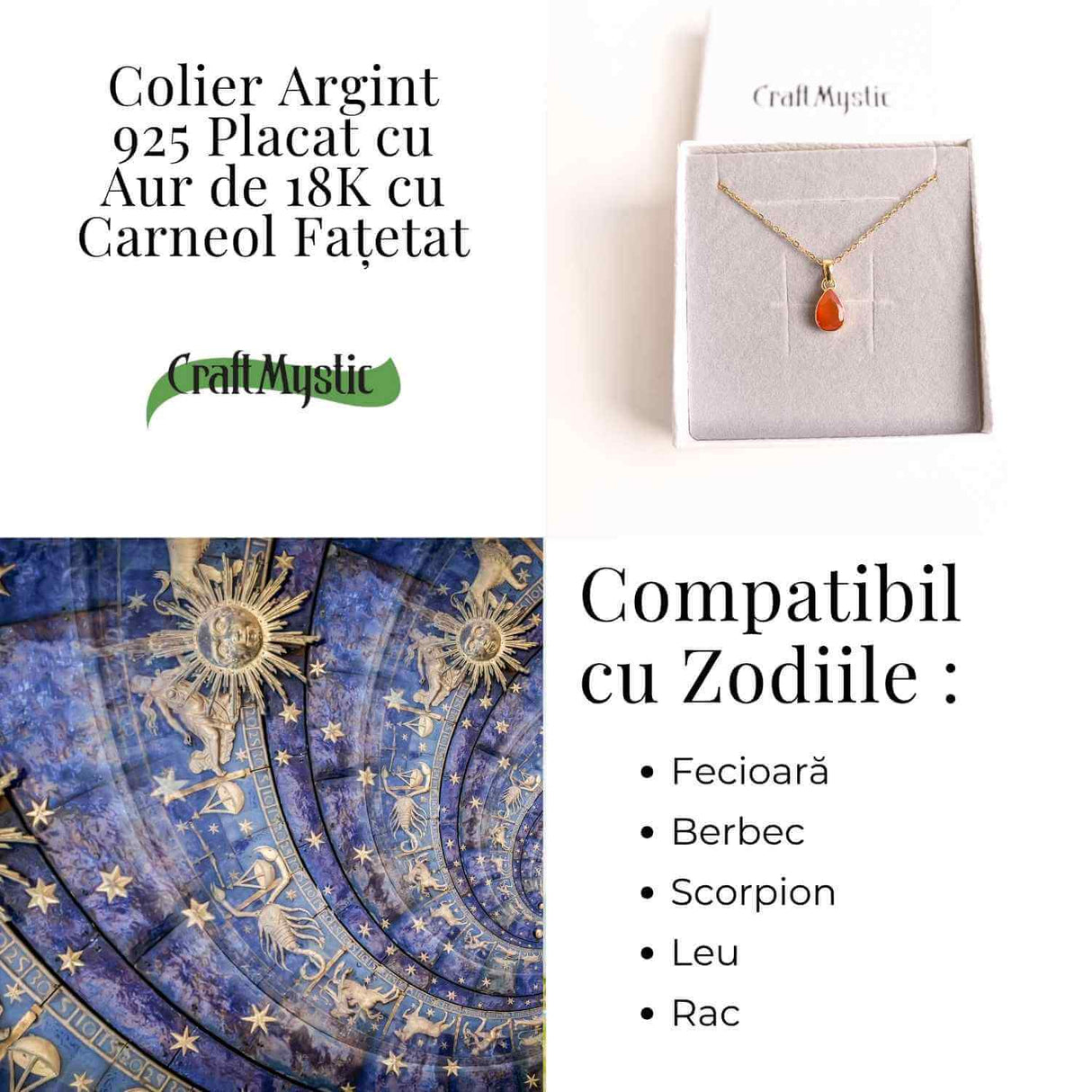 Colier cu lant inox cu Carneol Lacrima in montura Argint 925 Placat cu Aur 18K – Curaj si Energie Interioara