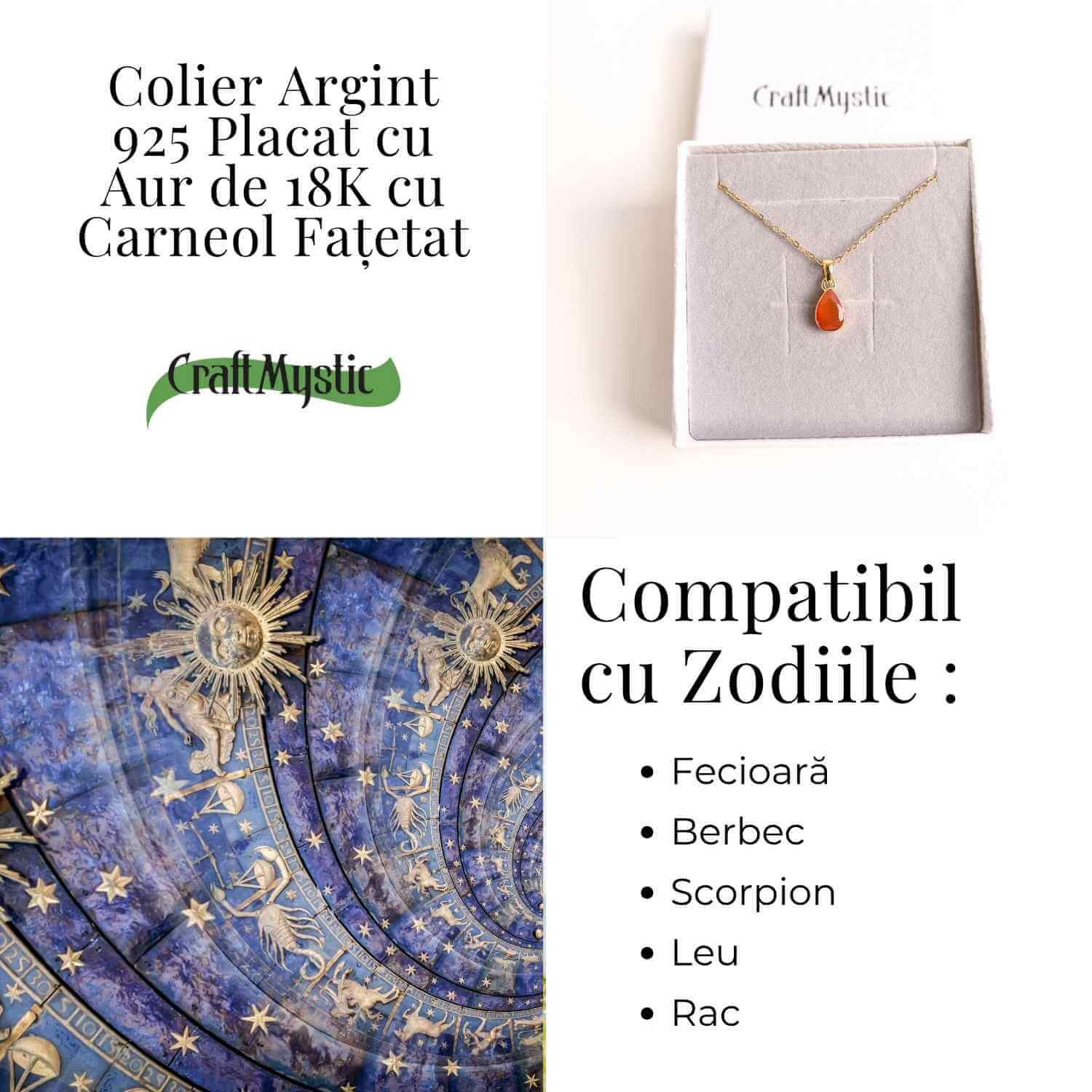Colier cu lant inox cu Carneol Lacrima in montura Argint 925 Placat cu Aur 18K – Curaj si Energie Interioara
