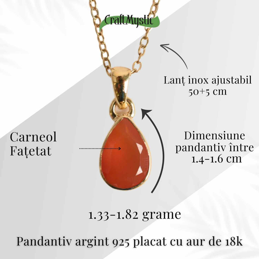 Colier cu lant inox cu Carneol Lacrima in montura Argint 925 Placat cu Aur 18K – Curaj si Energie Interioara