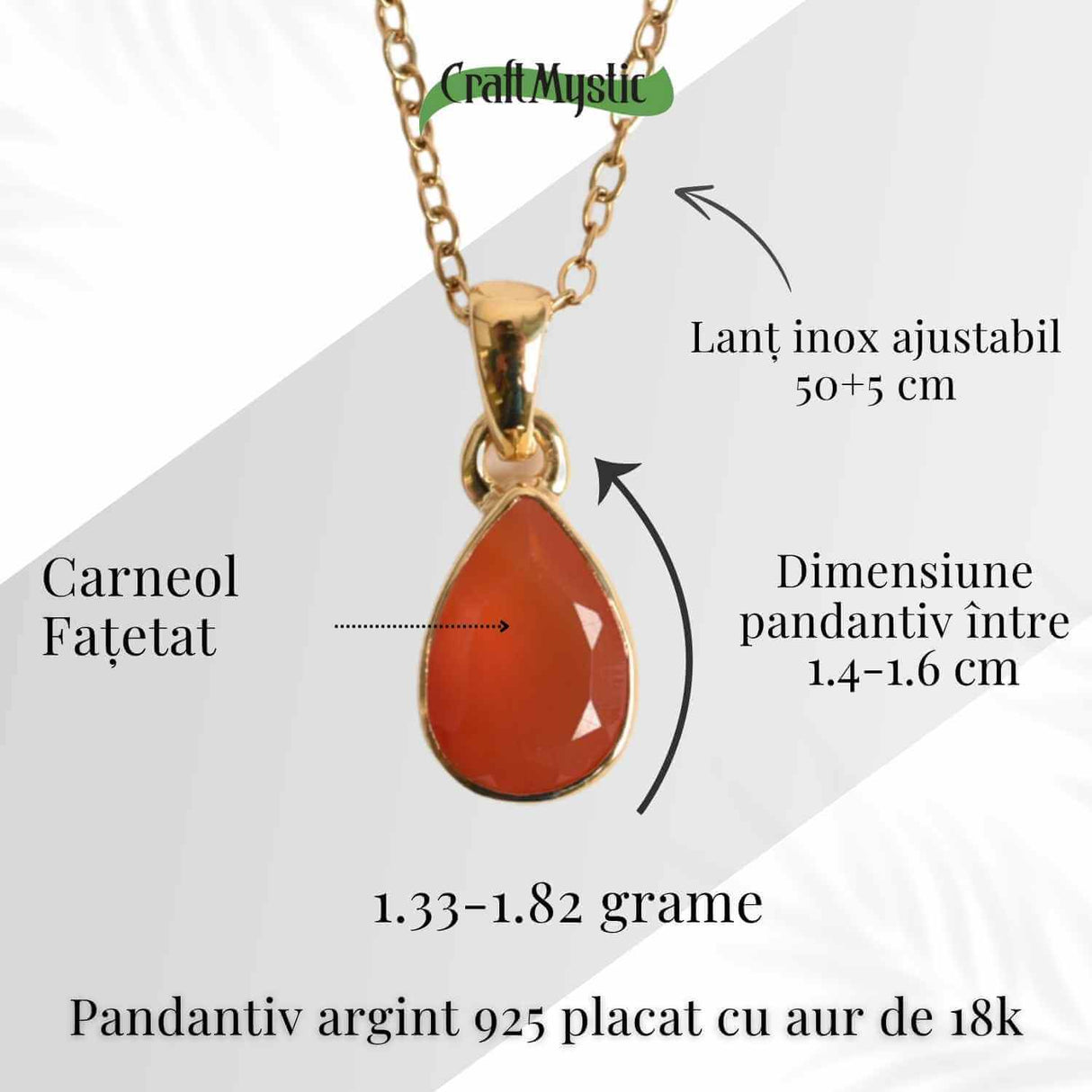 Colier cu lant inox cu Carneol Lacrima in montura Argint 925 Placat cu Aur 18K – Curaj si Energie Interioara