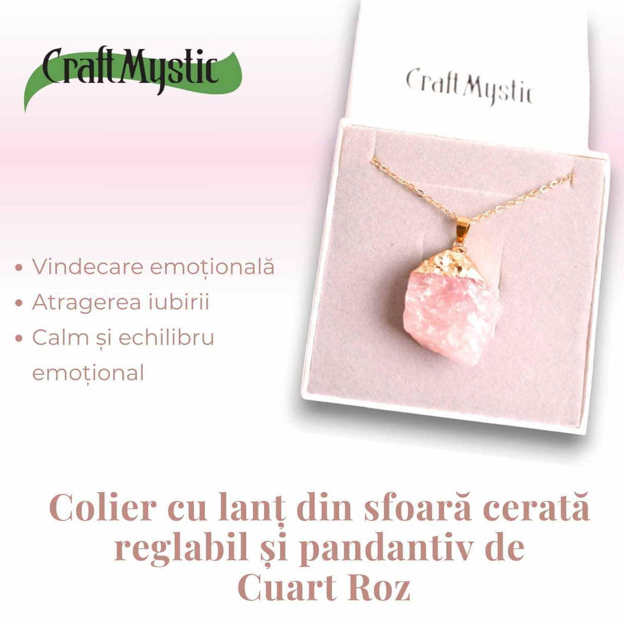 Colier auriu ajustabil cu pandantiv din Cuart Roz brut – Vindecare și Iubire dimensiune 35-50 mm