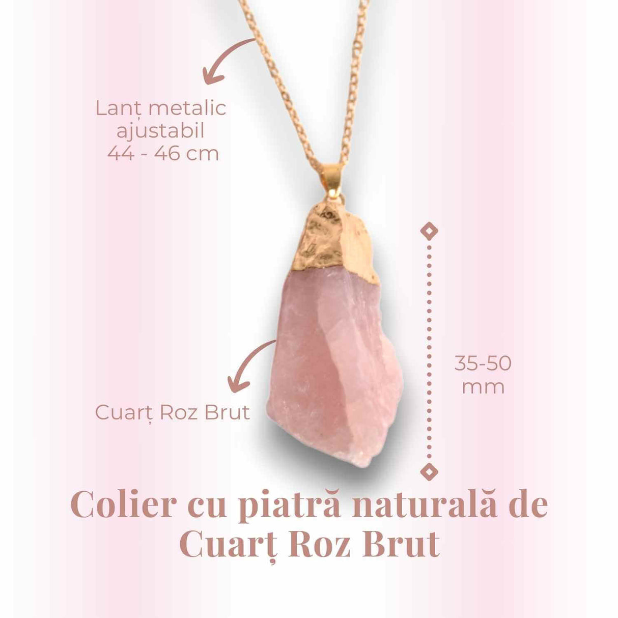 Colier auriu ajustabil cu pandantiv din Cuart Roz brut – Vindecare și Iubire dimensiune 35-50 mm