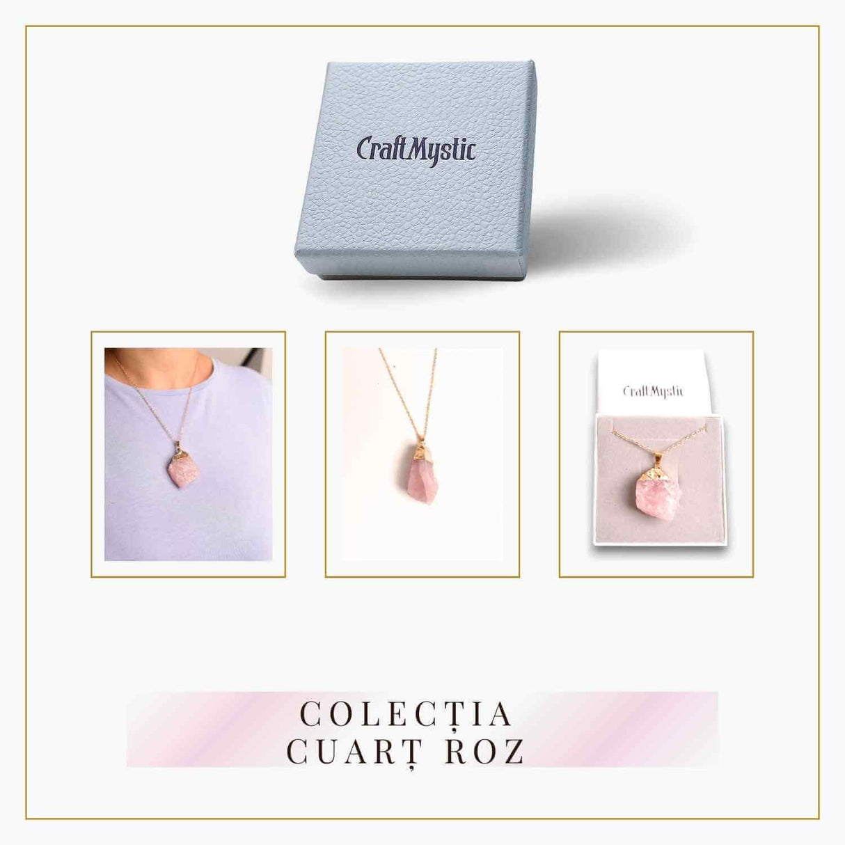 Colier auriu ajustabil cu pandantiv din Cuart Roz brut – Vindecare și Iubire dimensiune 35-50 mm