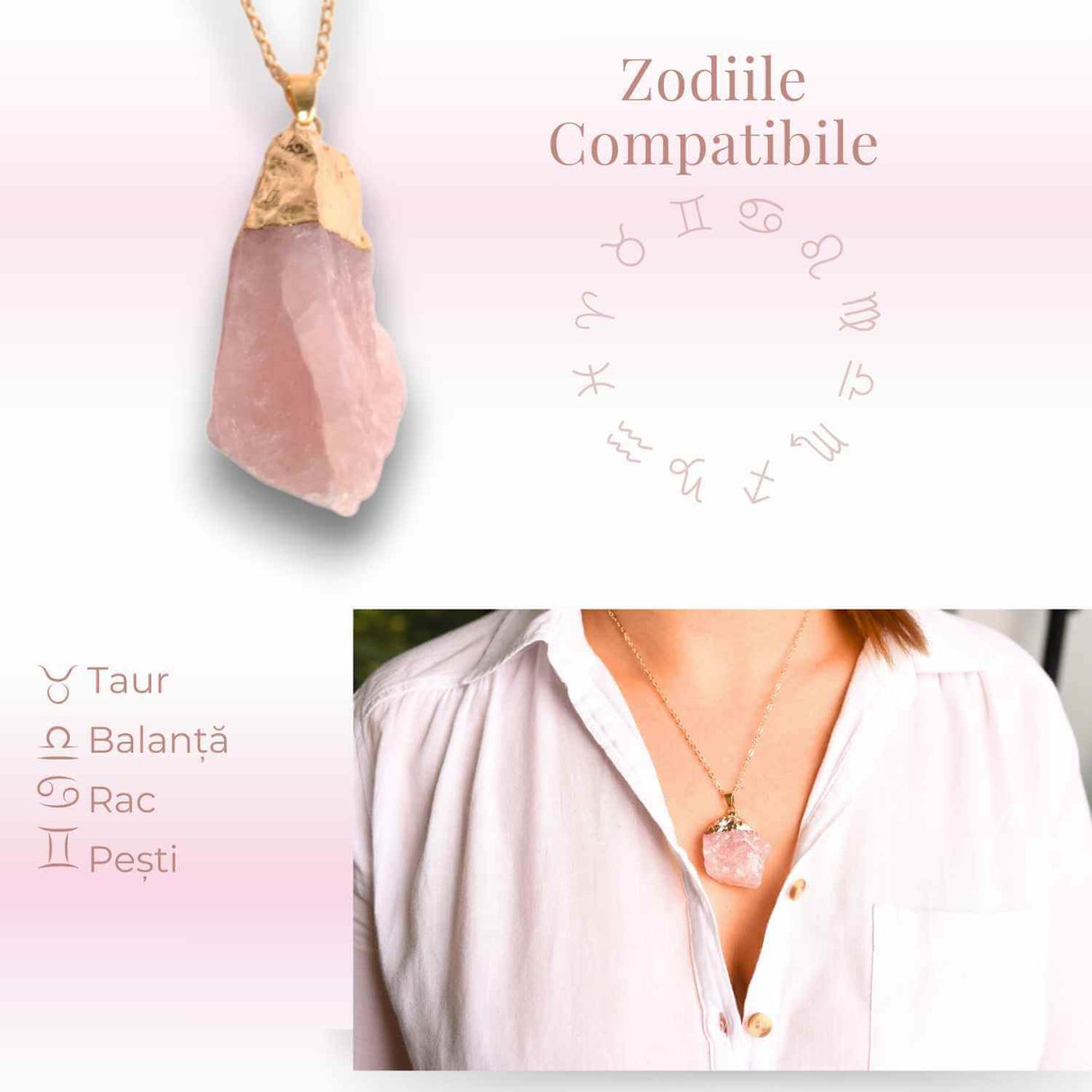 Colier auriu ajustabil cu pandantiv din Cuart Roz brut – Vindecare și Iubire dimensiune 35-50 mm