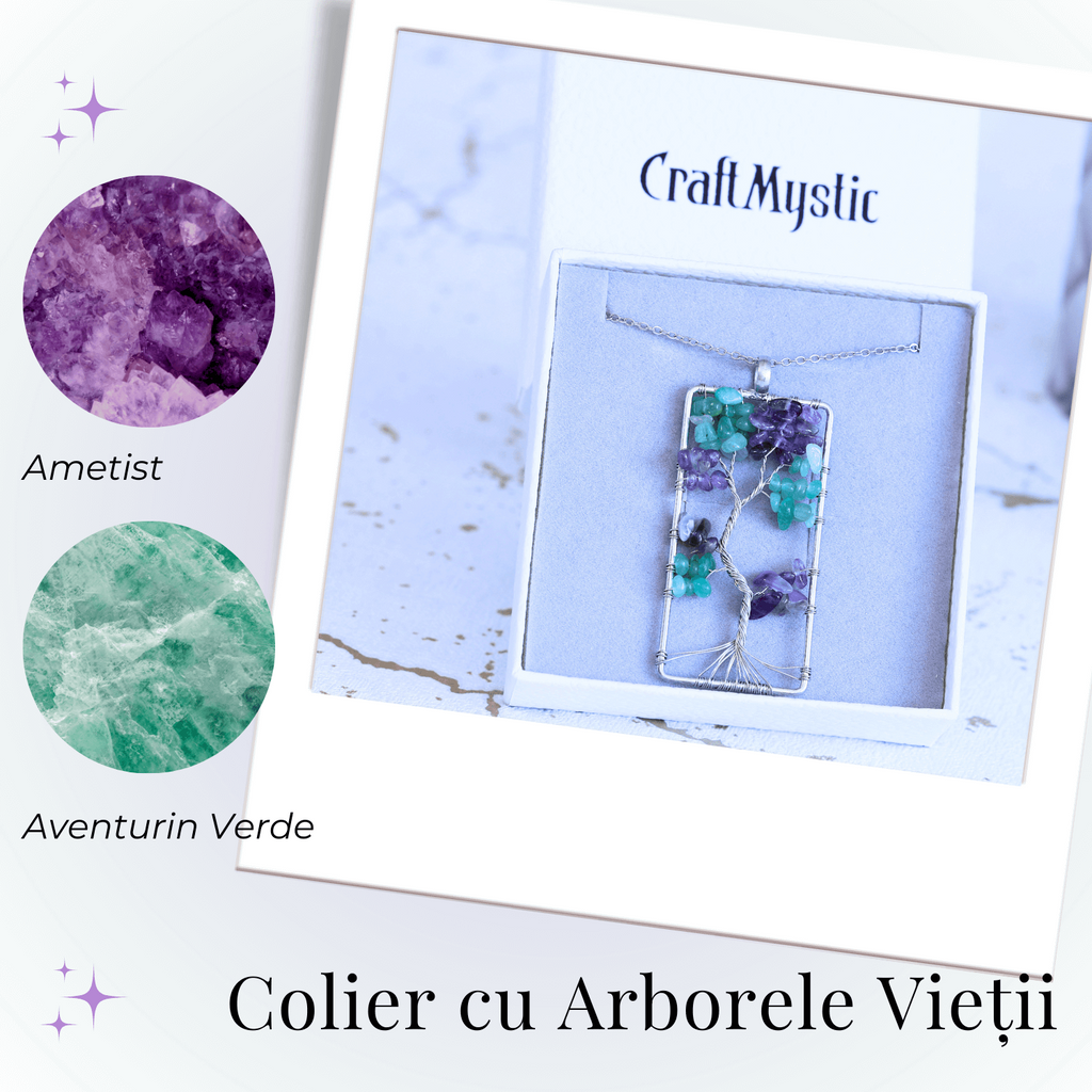 Colier ajustabil cu arborele vietii din ametist si aventurin verde - Armonie si Echilibru