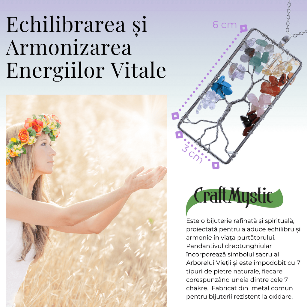 Colier dreptunghiular ajustabil cu arborele vietii si pietre pentru chakre - Echilibru si Armonie