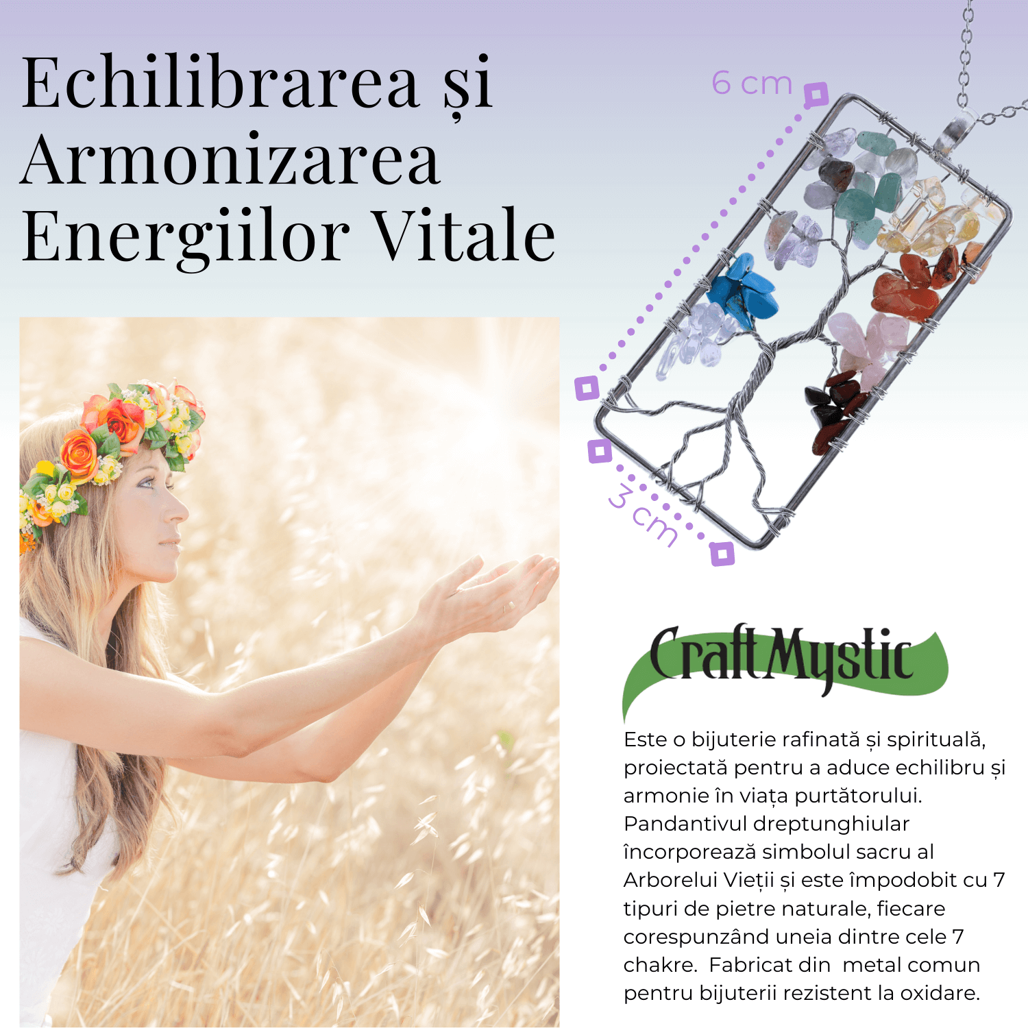 Colier dreptunghiular ajustabil cu arborele vietii si pietre pentru chakre - Echilibru si Armonie