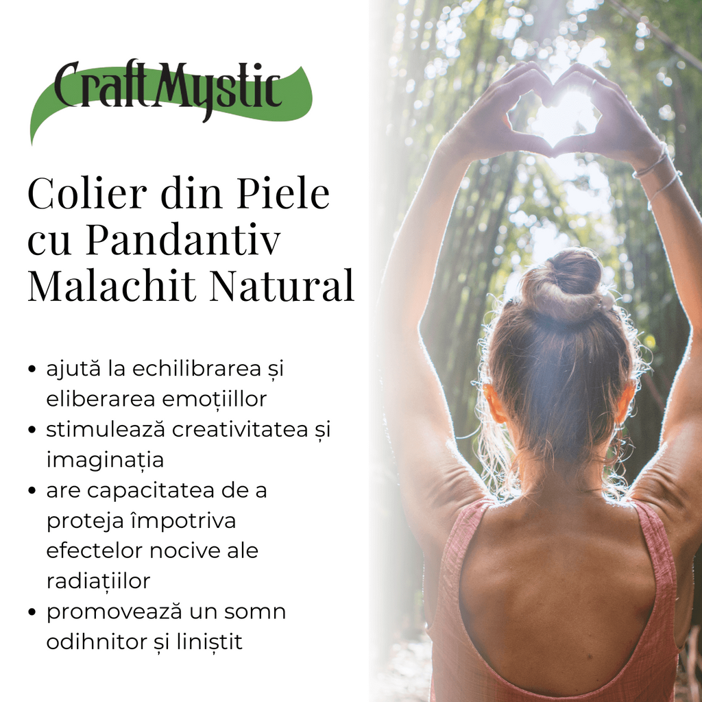 Colier cu Lant din Piele Ajustabil si Pandantiv 45mm in Forma de Virgula din Malachit Natural