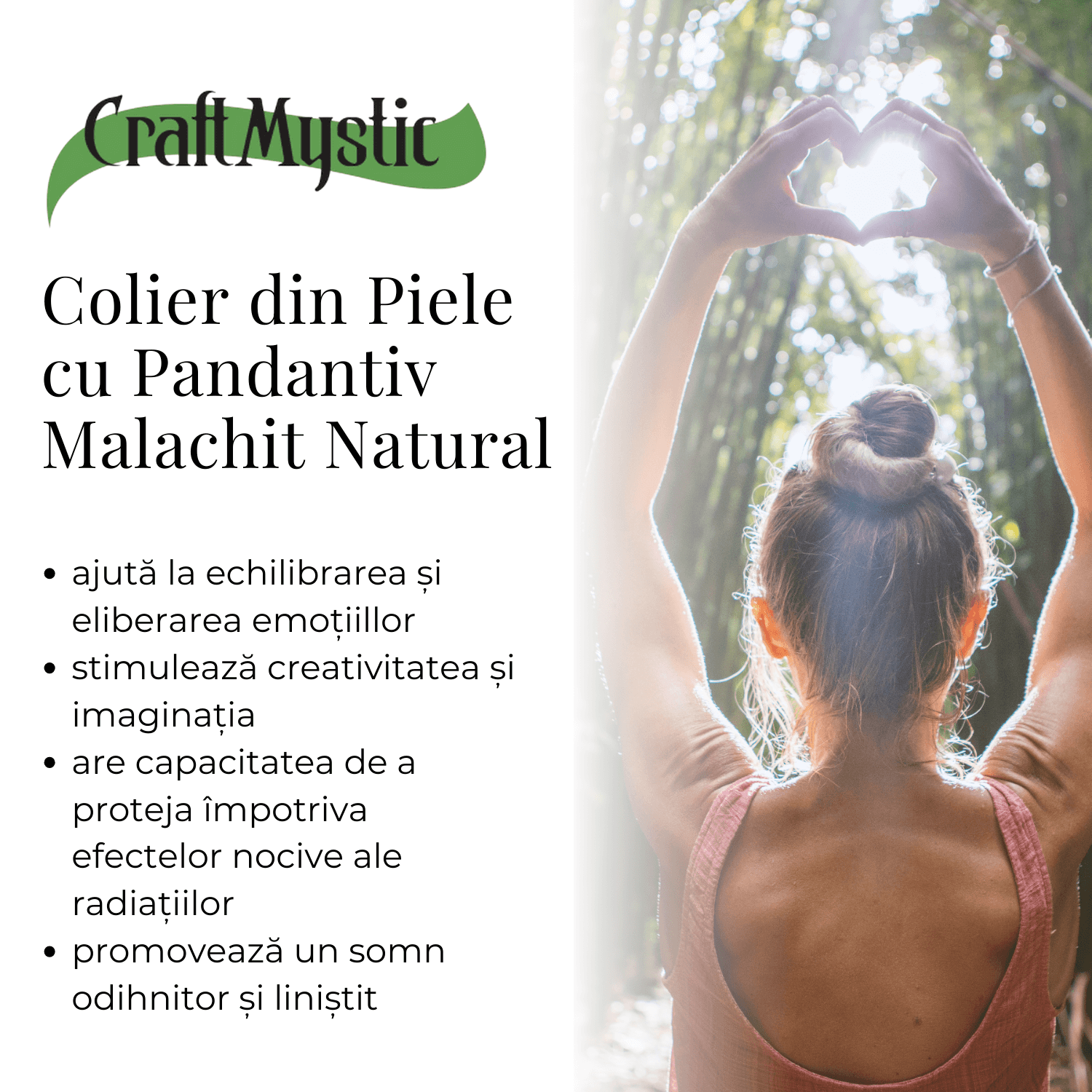 Colier cu Lant din Piele Ajustabil si Pandantiv 45mm in Forma de Virgula din Malachit Natural