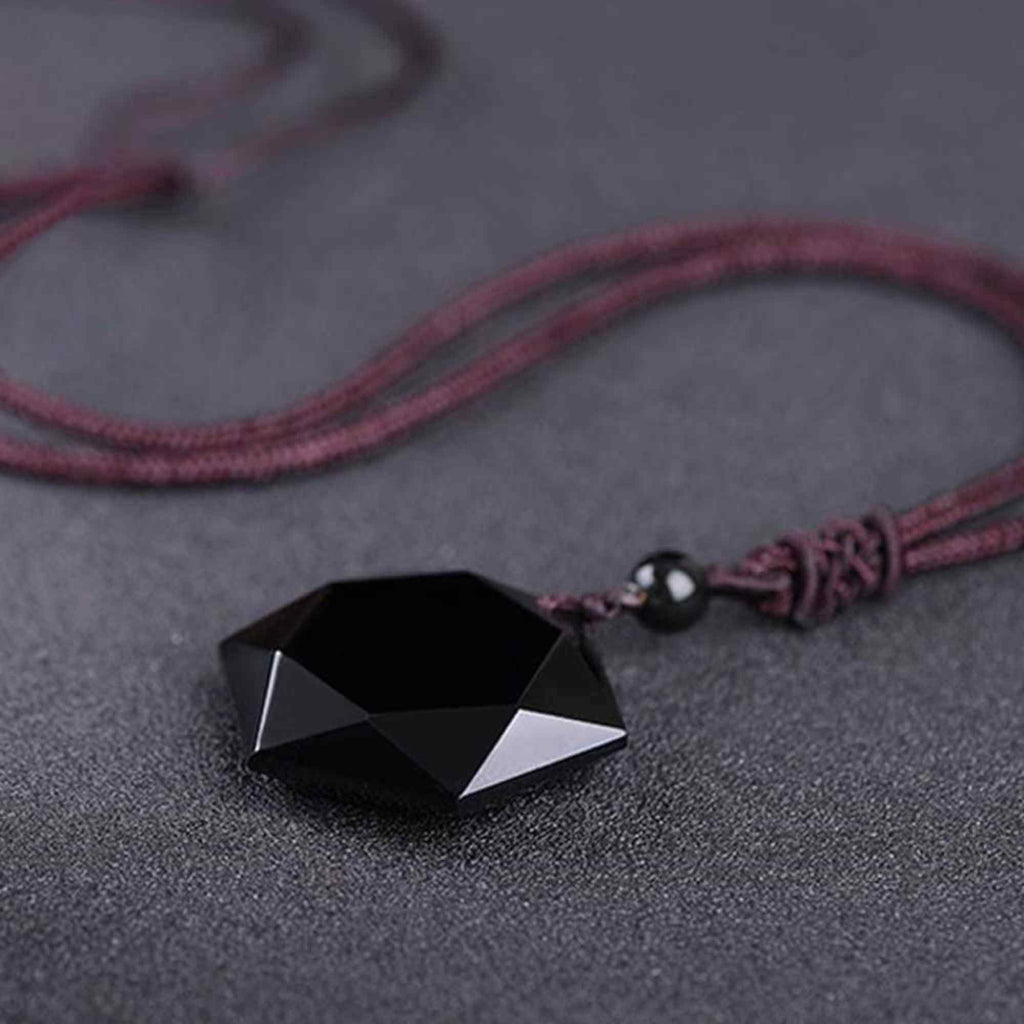 Colier hexagrama realizat din obsidian negru natural - Cristal care protejeaza de afectarea cu energii negative