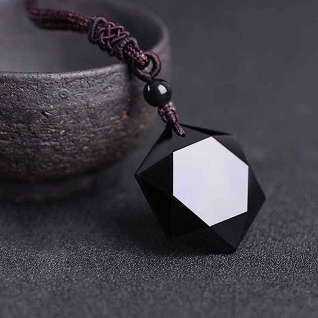Colier hexagrama realizat din obsidian negru natural - Cristal care protejeaza de afectarea cu energii negative