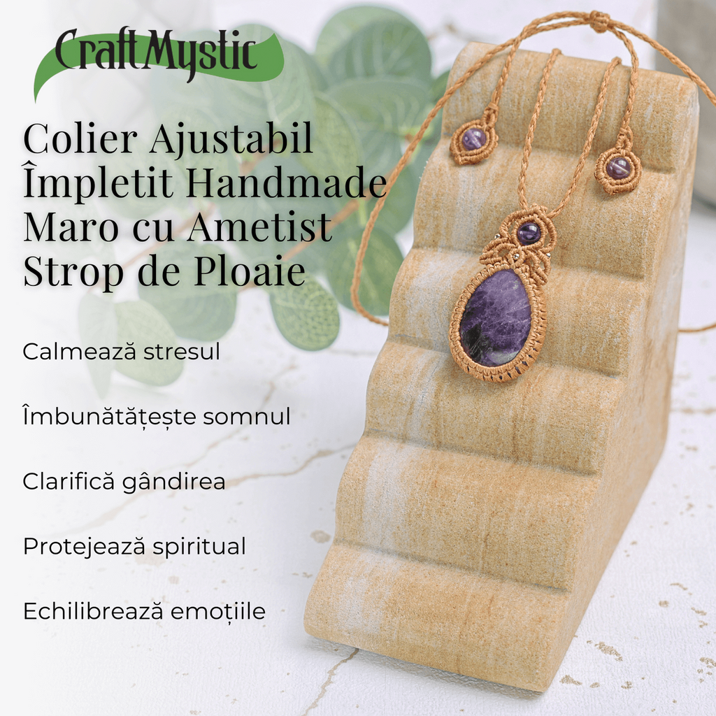 Colier Ajustabil Handmade cu Ametist "Strop de Ploaie" – Maro, Lungime Maxima 45 cm