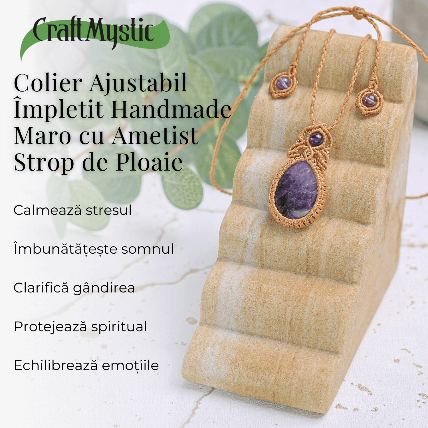 Colier Ajustabil Handmade cu Ametist "Strop de Ploaie" – Maro, Lungime Maxima 45 cm