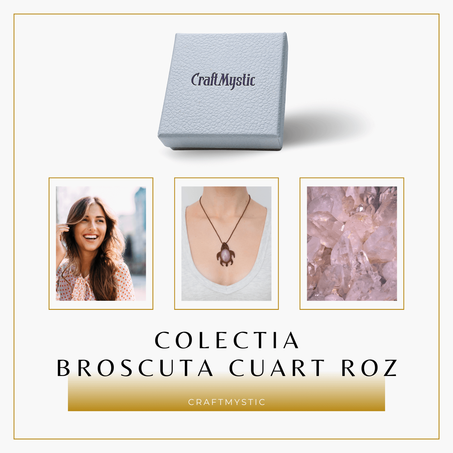 Colier Ajustabil Handmade cu Cristal de Cuart Roz in Broscuta Impletita – Lungime Maxima 45 cm