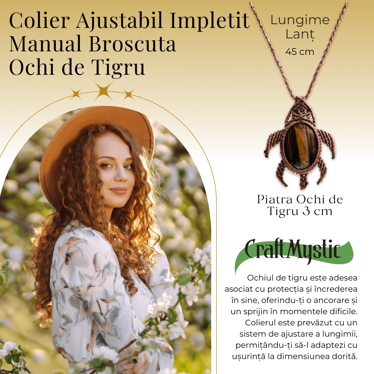 Colier Ajustabil Handmade cu Cristal de Ochi de Tigru in Broscuta Impletita – Lungime Maxima 45 cm