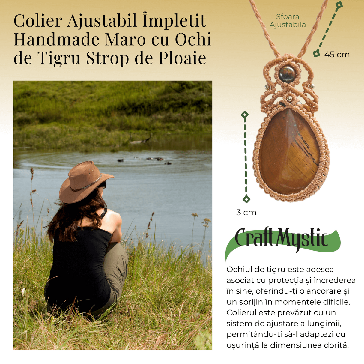 Colier Ajustabil Handmade cu Ochi de Tigru "Strop de Ploaie" – Maro, Lungime Maxima 45 cm